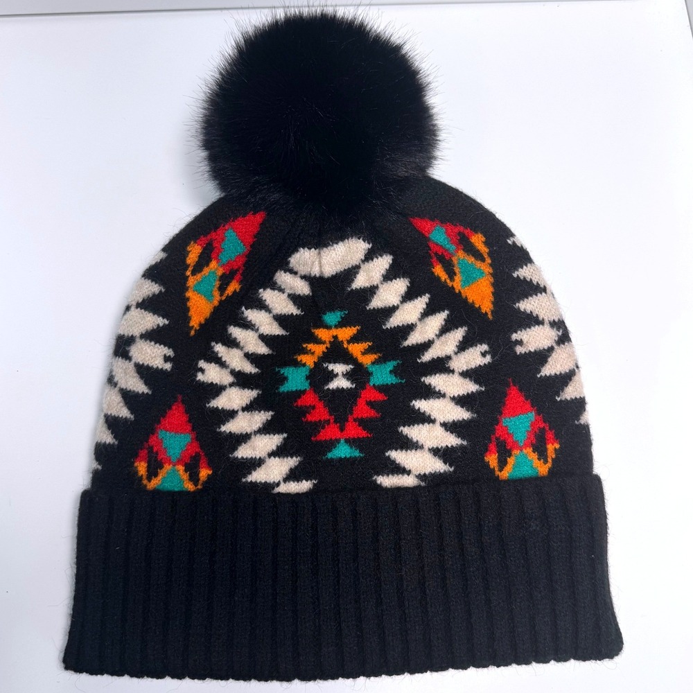 CC Beanie Women‎ Aztec Black Red Teal Geometric Fur Pom Winter Warm Hat Western